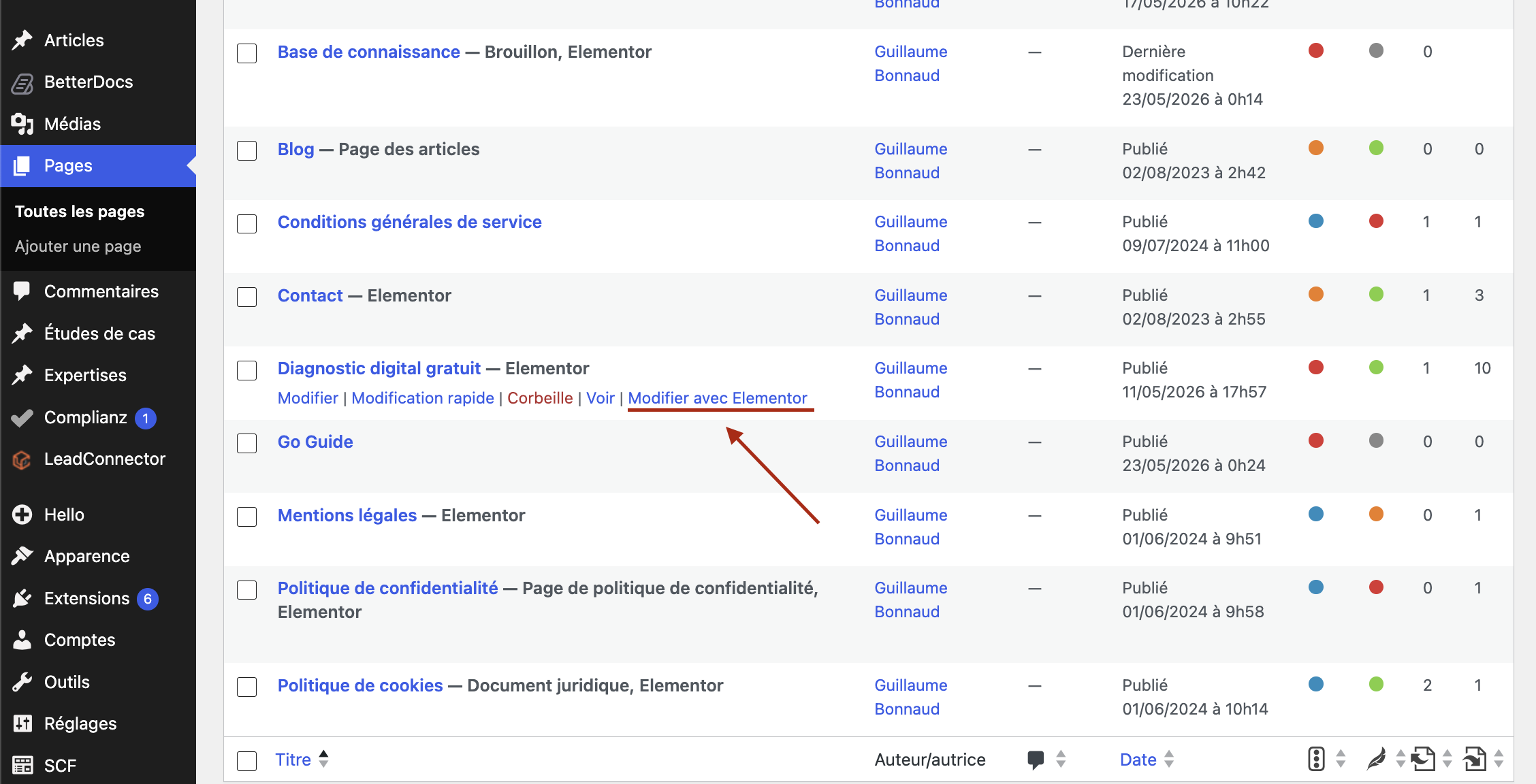 Liste des pages WordPress avec le bouton Modifier avec Elementor