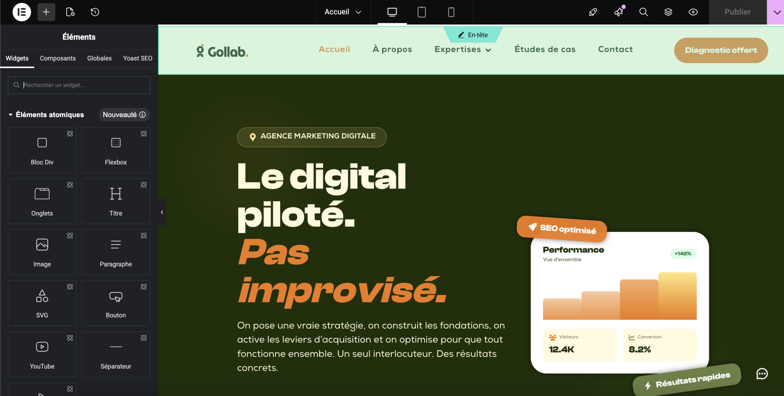 Interface Elementor avec panneau gauche et prévisualisation