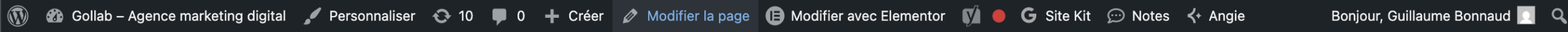 Barre d'administration WordPress en haut du site avec le bouton Modifier avec Elementor