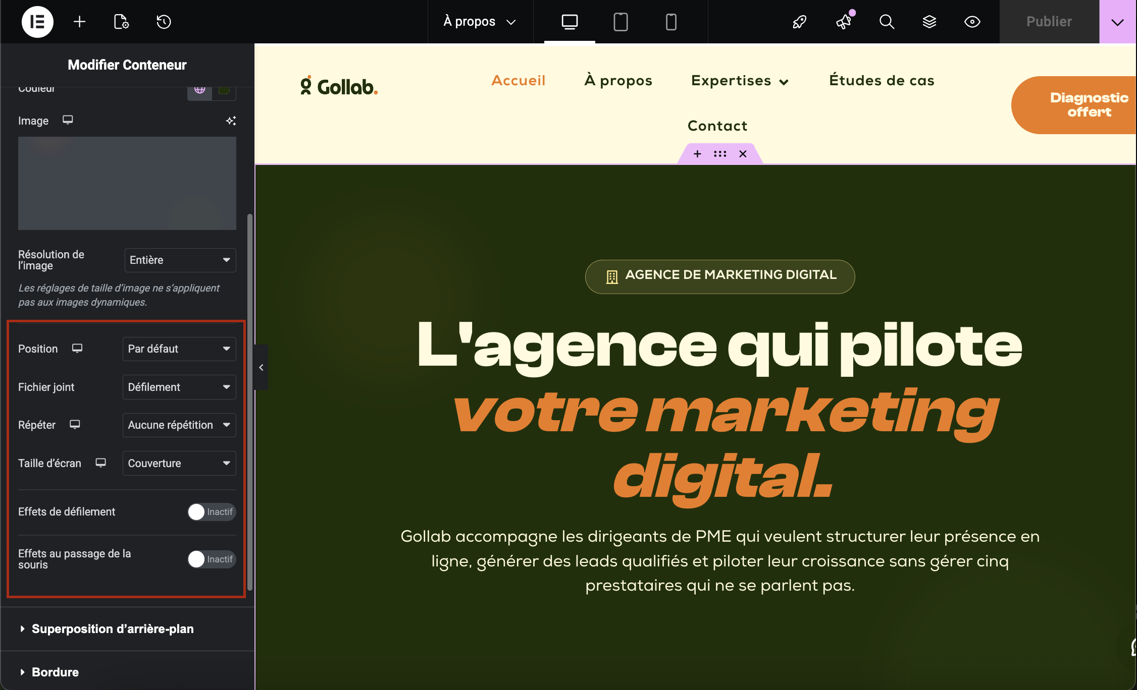 Réglages taille et position image arrière-plan Elementor