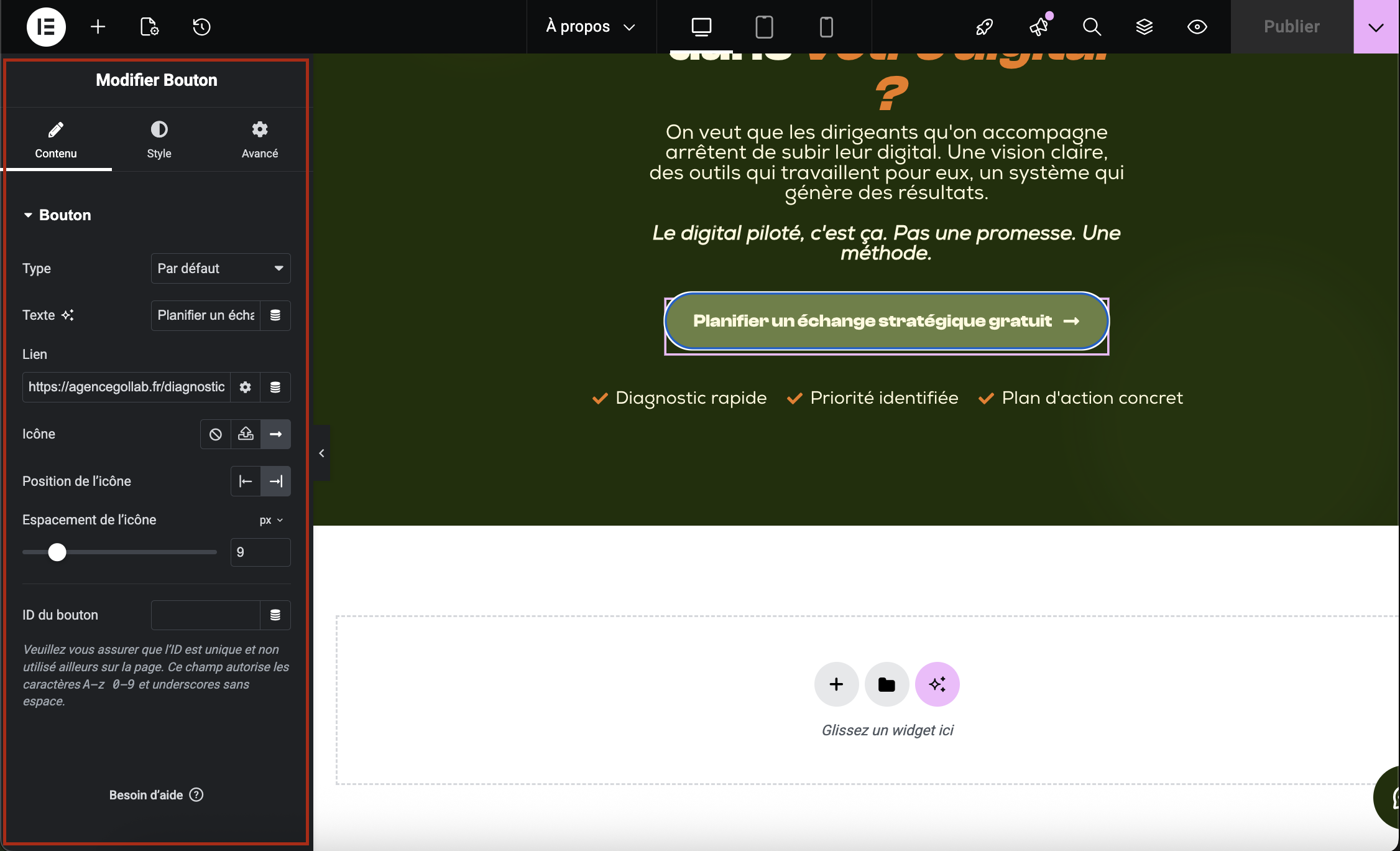 Modifier un bouton dans Elementor avec les champs texte et lien
