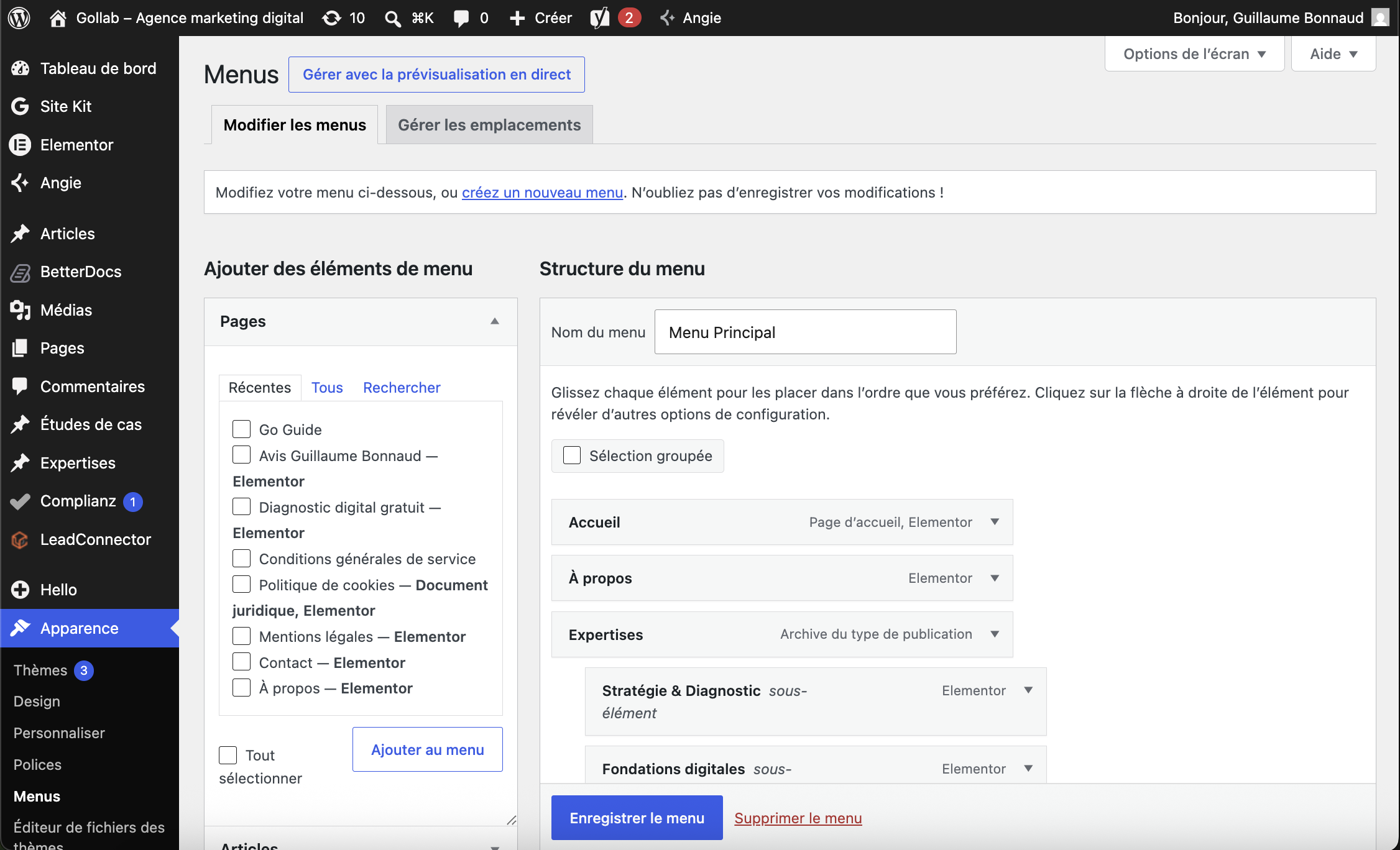 Interface de gestion des menus dans WordPress