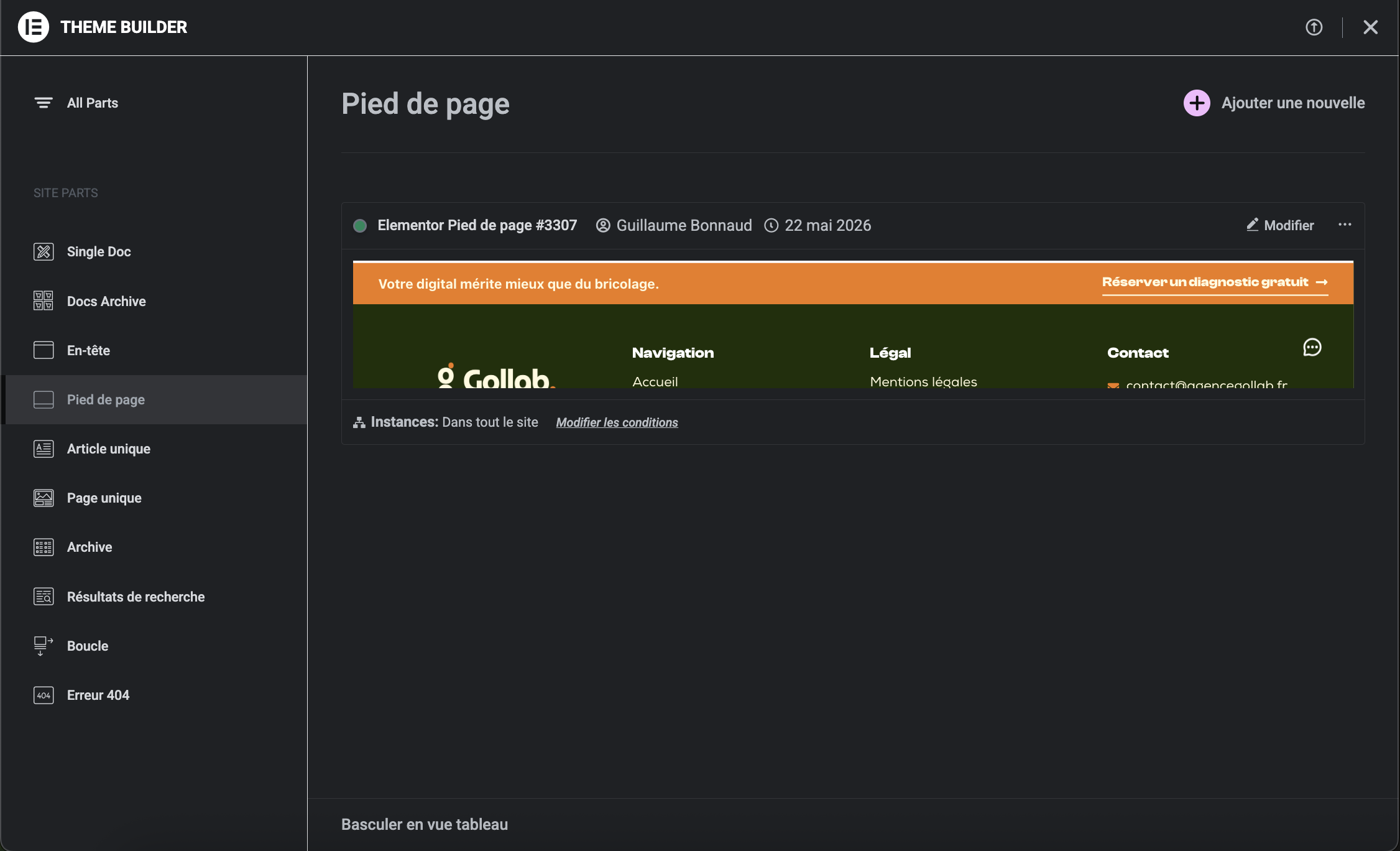 Accéder au footer depuis le Constructeur de thème Elementor