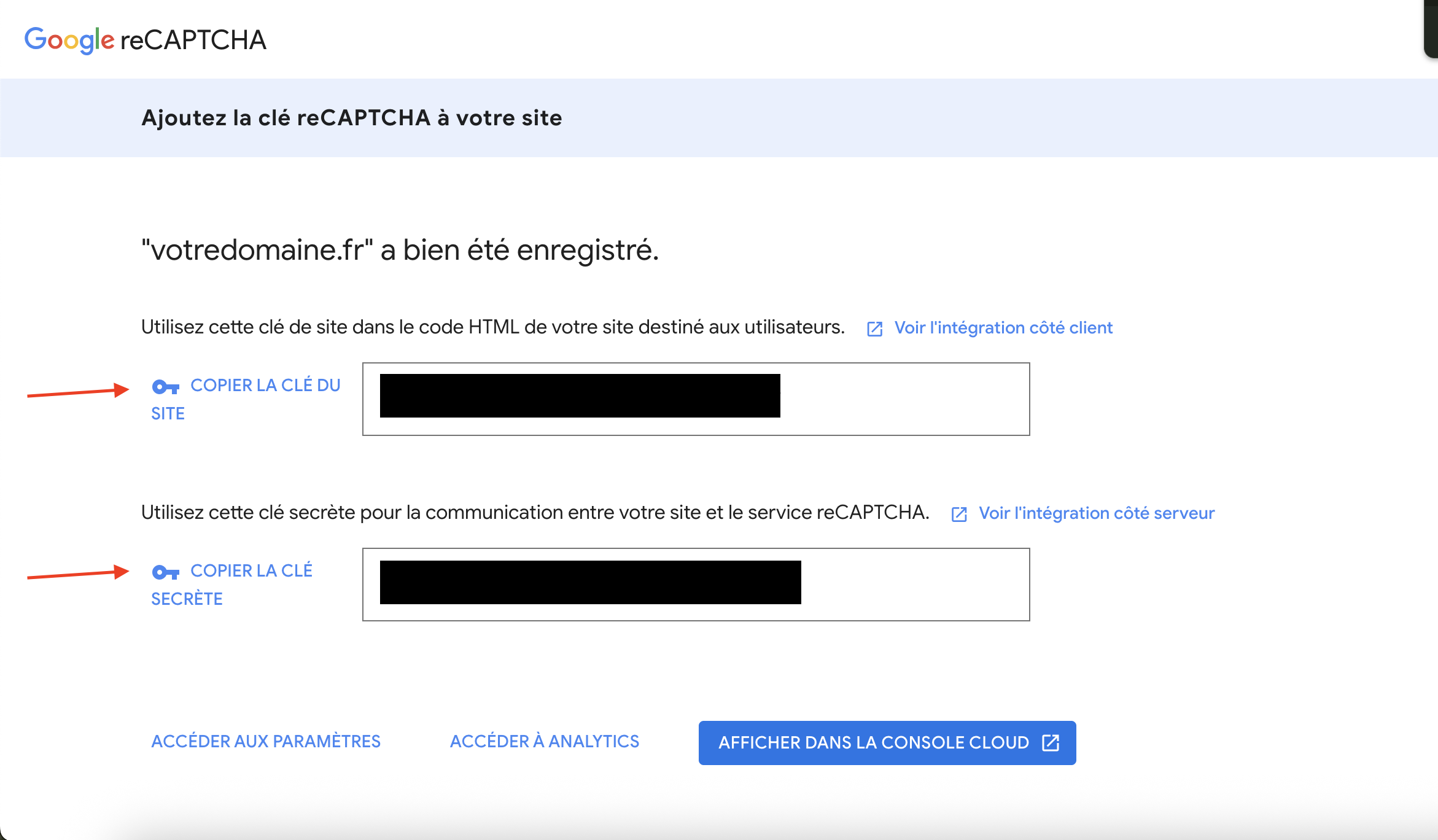 Page Google reCAPTCHA affichant la clé du site et la clé secrète à copier