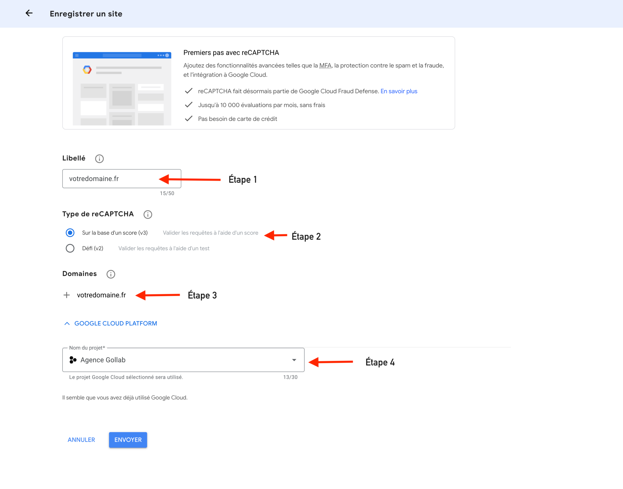 Formulaire d'enregistrement d'un site sur Google reCAPTCHA avec libellé, type v3 et domaine